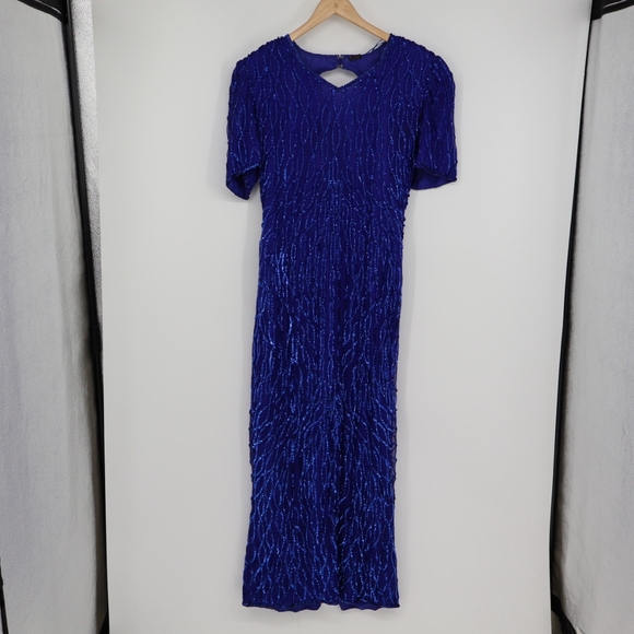 Vintage Silk Sequin Evening Gown Maxi Dress Lined Blue Elegant Zipper M/L 19"P2P - Picture 1 of 16
